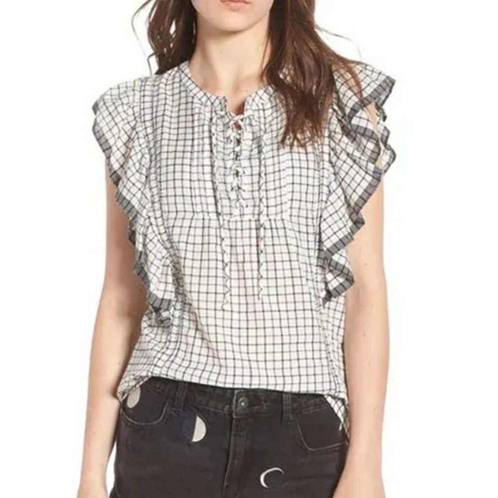 Scotch & Soda Ruffle Lace Up Top Black White XS Windowpane Cotton NWT
